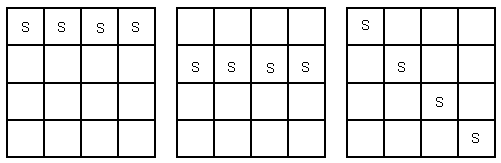 4 x 4 grids demonstrating the three possibilities: 4 bottles in the top row, 4 bottles in the second-from-the-top row, and four bottles in a diagonal line.