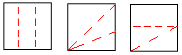 Paper folded in three designs: three identical rectangles created with two vertical lines, three unequal triangles created with two diagonal lines emerging from one corner, and two triangles and a rectangle created with one horizontal and one diagonal line.