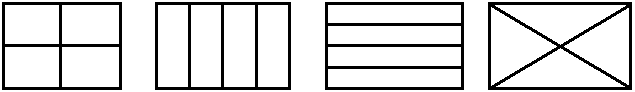 Four diagrams showing different representations of quarters.