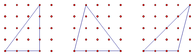 Three triangles made on Geoboards.