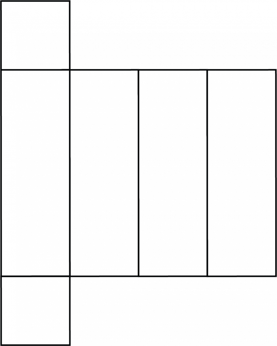 A net that could be used to construct a cuboid. It consists of four adjacent, identical rectangles, with two identical squares attached to the top and bottom side of the first rectangle.