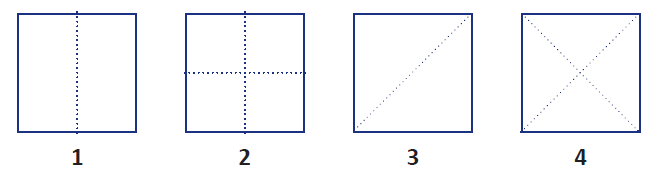 Paper folded in four designs: one vertical fold, one vertical and one horizontal fold, one diagonal fold, two diagonal folds.