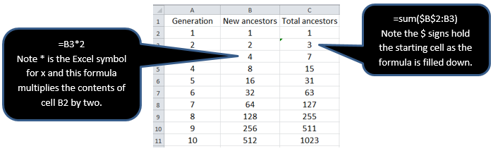 Picture of spreadsheet showing examples of formulae that can be used to fill columns.