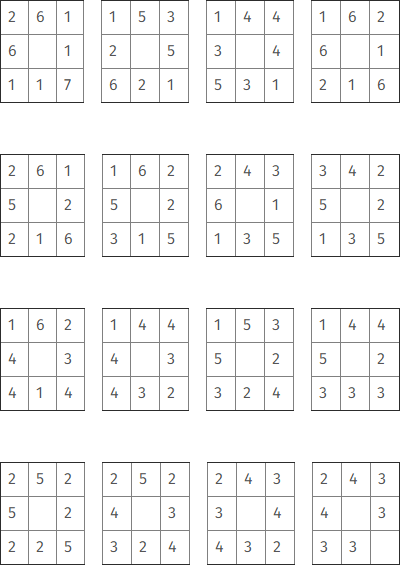 All 16 possible arrangements of the farmer's sheep.