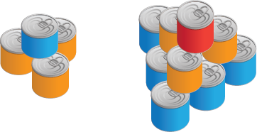 The first 2 terms in a tin display pattern in the shape of a triangle-based pyramid.