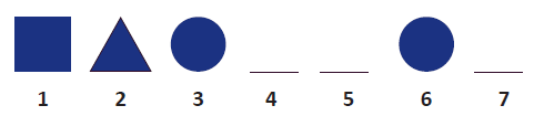 John’s shape pattern: 1) square, 2) triangle, 3) circle, 4) empty space, 5) empty space, 6) circle, 7) empty space.