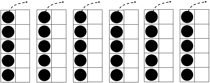 Six 5-dot tens frames. Arrows indicate that one dot will be removed from each frame to create six 4-dot frames.