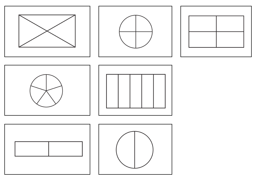 Seven cards showing different variations of quarters, fifths, and halves on rectangles and circle.