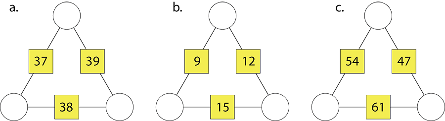 Three triangle arithmagons with only the side numbers complete.