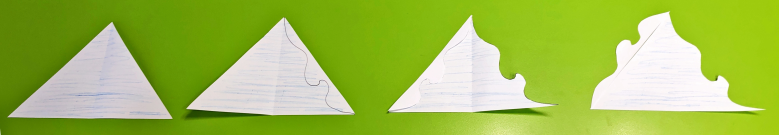 Diagram of a 'nibble' being cut out from a triangle, then reflected and rotated to create a tessellating shape.