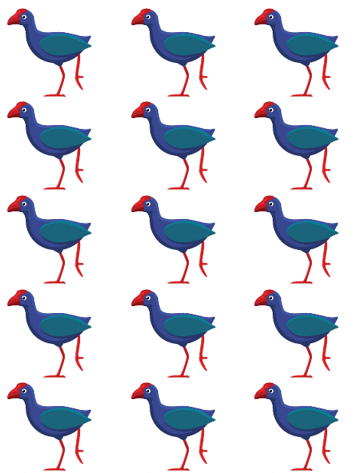 An array of pūkeko in five rows of three.