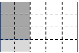 Image of an area model showing 3/4 x 2/5 = 6/20.