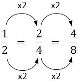 A flowchart showing how the numerator and denominator of ½ can be doubled to make 2/4, and how the numerator and denominator of 2/4 can be doubled to make 4/8.