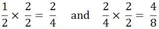 ½ x 2/2 = 2/4 and 2/4 x 2/2 = 4/8.