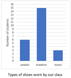 Bar graph of types shoes worn by our class. Jandals = 6, sneakers = 15 and boots = 3.