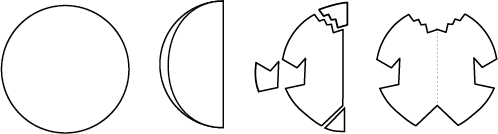 Diagram showing the process of folding a circle of paper in half, cutting parts out, and unfolding to see the symmetry along the fold line.