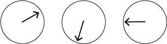 Three circles, each with an arrow representing the minute hand of a clock. They point to approximately 10 minutes, 35 minutes, and 45 minutes.