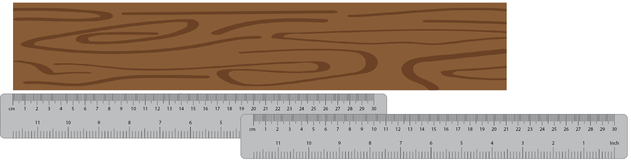 Two rulers being used to measure a piece of wood.