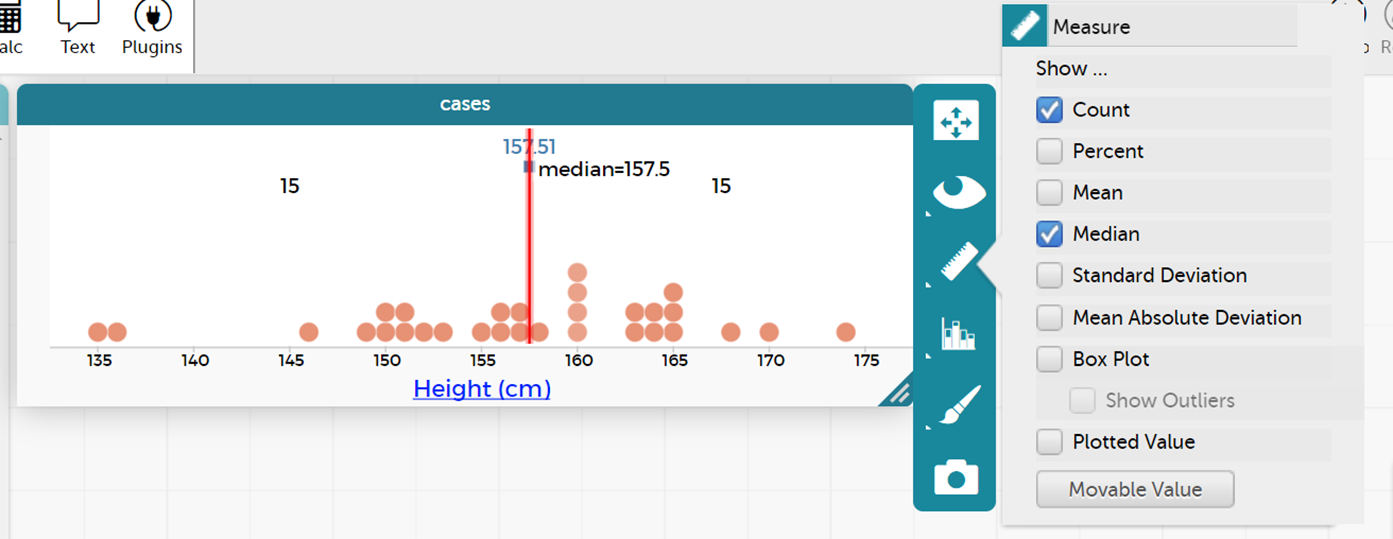 Dot plot comparing heights of people, showing how to select the median.