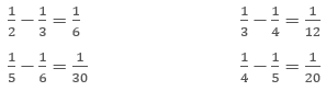 A set of four equations: 1/2 - 1/3 = 1/6, 1/5 - 1/6 = 1/30, 1/3 - 1/4 = 1/12, and 1/4 - 1/5 = 1/20. 