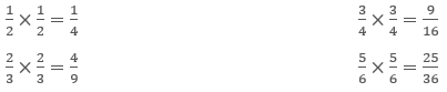 A set of four equations: 1/2 x 1/2 = 1/4, 2/3 x 2/3 = 4/9, 3/4 x 3/4 = 9/16, and 5/6 x 5/6 = 25/36.