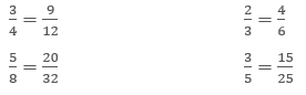 Four pairs of equivalent fractions: 3/4 = 9/12, 2/3 = 4/6, 5/8 = 20/32, 3/5 = 15/25.